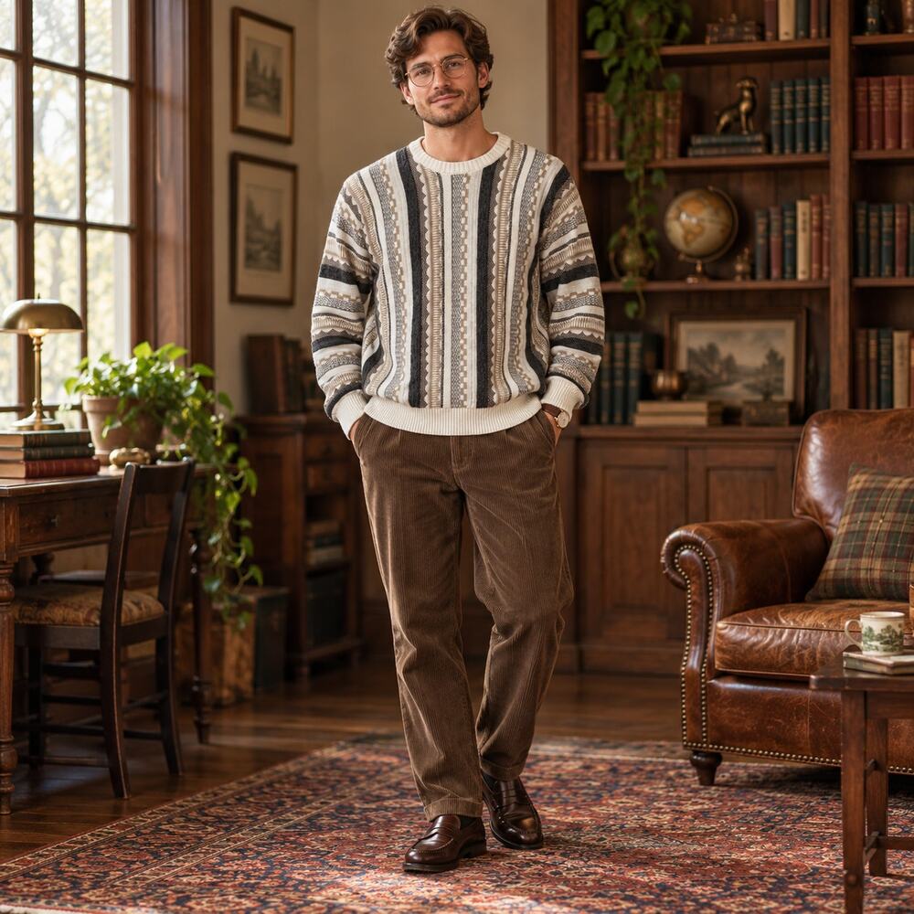 Y2K Hollister Grandpa Mens Sweater Sz L Geometric Fisherman Heritage Texture